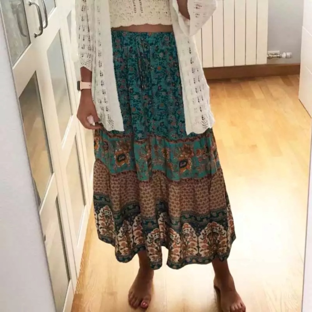 SOLD OUT Turquoise Bohemian Floral Long Casual Skirt - Picture 6 of 6